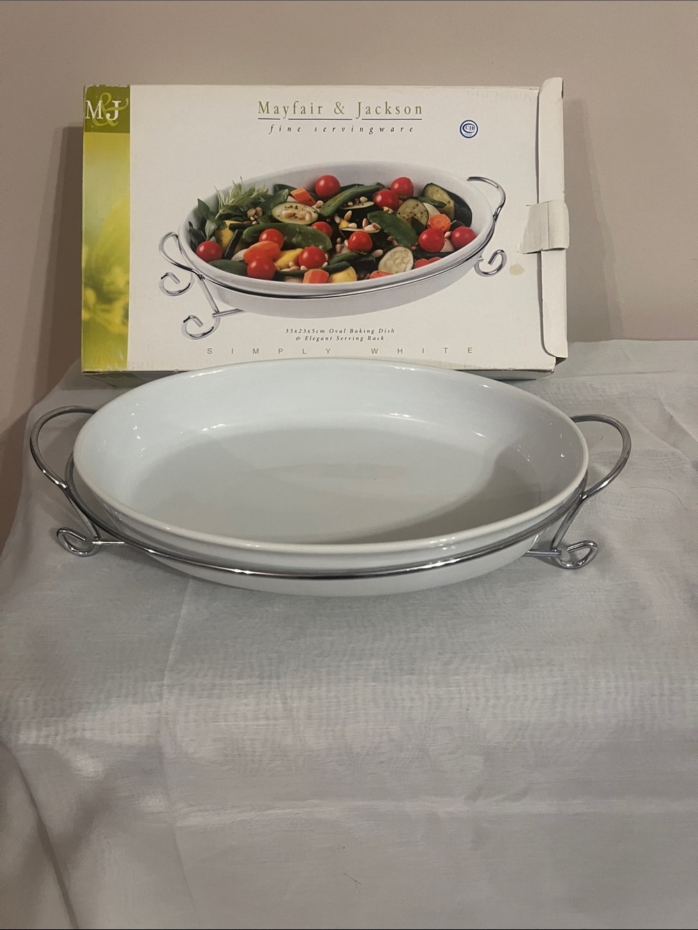 White Oval Serving Dish with Chrome Stand